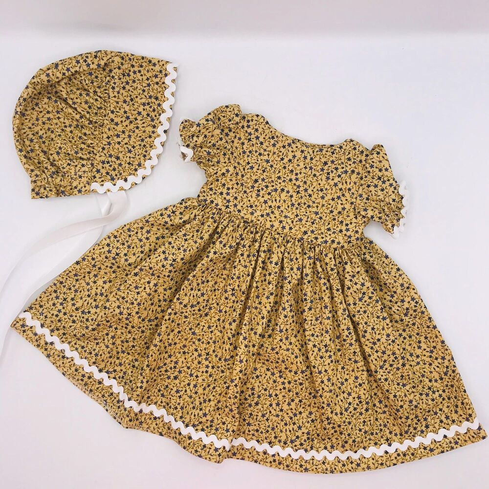 Pioneer Doll Dress & Bonnet, Handmade For 18 Inch Dolls Vintage Calico Tan Blue